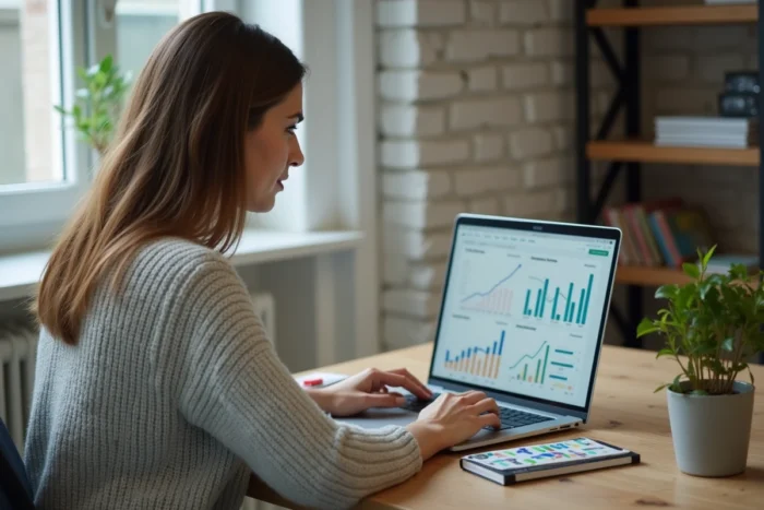 Femme utilisant un outil SEO sur son ordinateur portable dans un bureau à domicile moderne