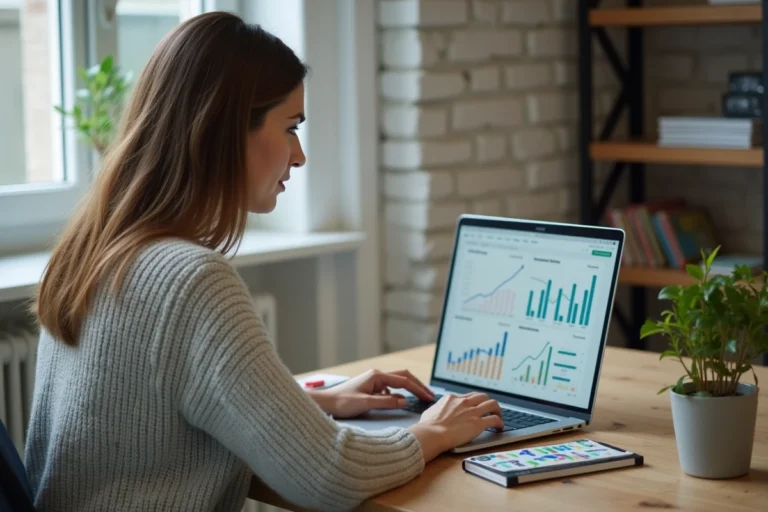 Femme utilisant un outil SEO sur son ordinateur portable dans un bureau à domicile moderne