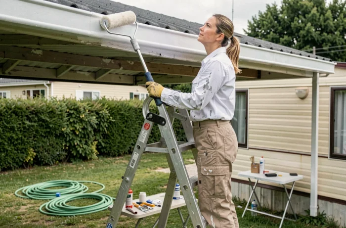 Femme appliquant une peinture imperméabilisante sur le bord de la toiture d'un mobil home depuis une échelle
