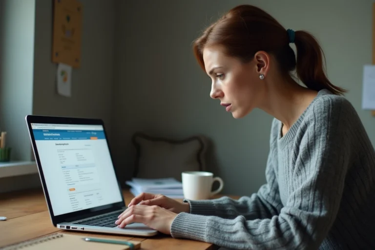 Femme consultant le portail justice sur son ordinateur portable pour vérifier un rendez-vous parloir