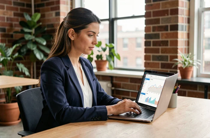 Femme professionnelle travaillant sur une stratégie de business en ligne dans un espace de coworking moderne
