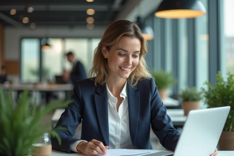 Femme professionnelle confiante en blazer marine révisant des documents dans un espace de coworking moderne pour dynamiser sa carrière