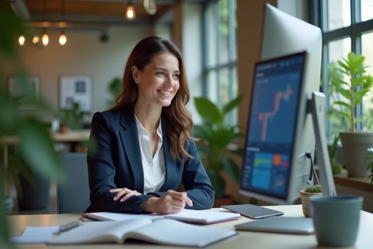 Femme professionnelle utilisant des outils numériques innovants pour booster sa carrière dans un espace de travail moderne