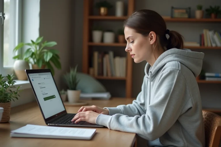 Jeune femme cherchant l'adresse d'un site de streaming sur son ordinateur portable depuis son bureau à domicile
