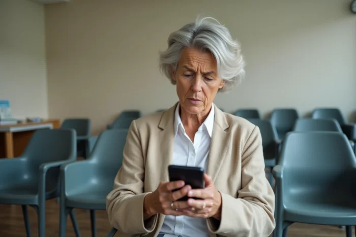 Femme dans une salle d'attente administrative consultant son téléphone pour un problème de rendez-vous parloir