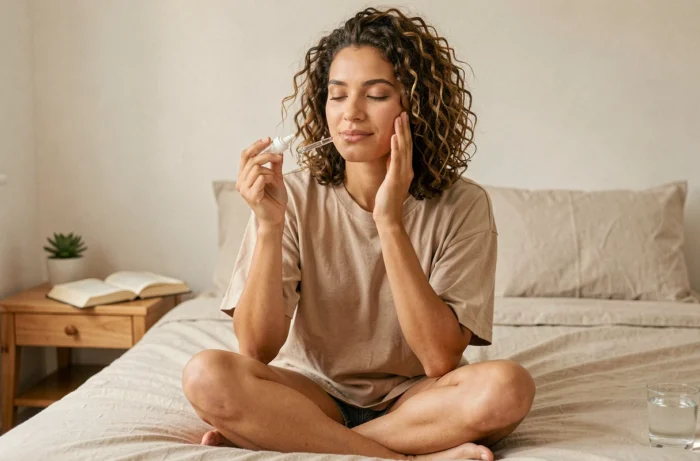 Femme aux cheveux bouclés appliquant un sérum visage sur son lit dans le cadre d'un rituel beauté matinal apaisant