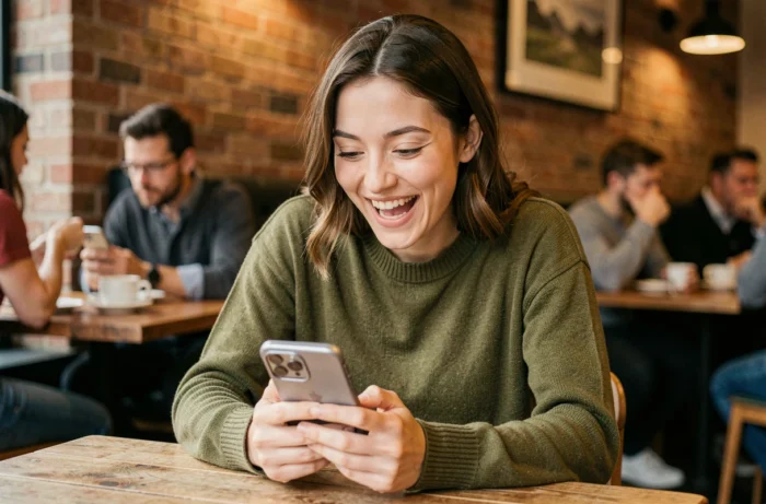 Jeune femme amusée consultant son smartphone dans un café, réaction aux tendances virales des réseaux sociaux comme le mot kayakobeme