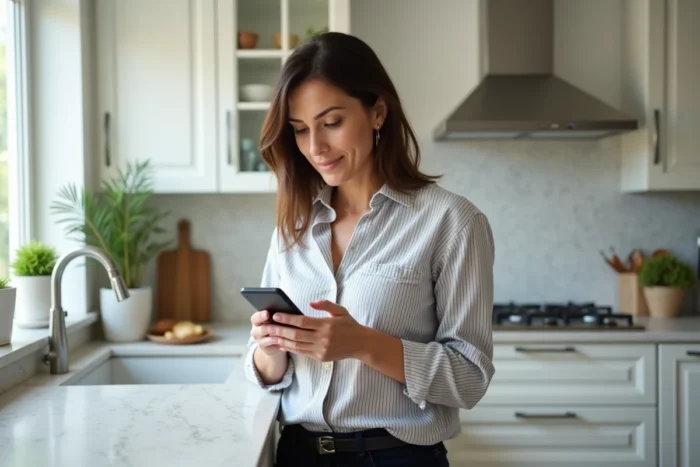 Femme utilisant son smartphone dans la cuisine pour rechercher l'adresse actuelle d'un site de streaming de films