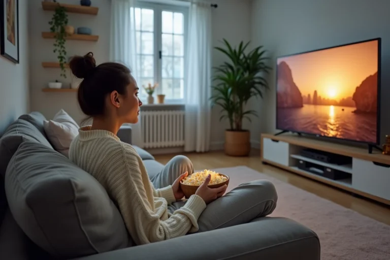Jeune femme regardant un film en streaming sur grand écran dans un salon cosy et moderne