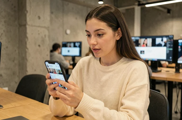 Jeune femme consultant les tendances digitales sur son smartphone dans un espace de coworking moderne