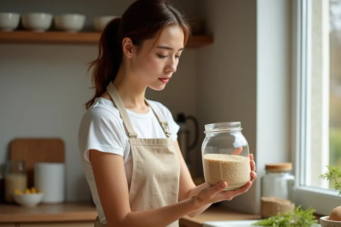 Femme inspectant un bocal de semoule pour vérifier sa fraîcheur dans une cuisine moderne