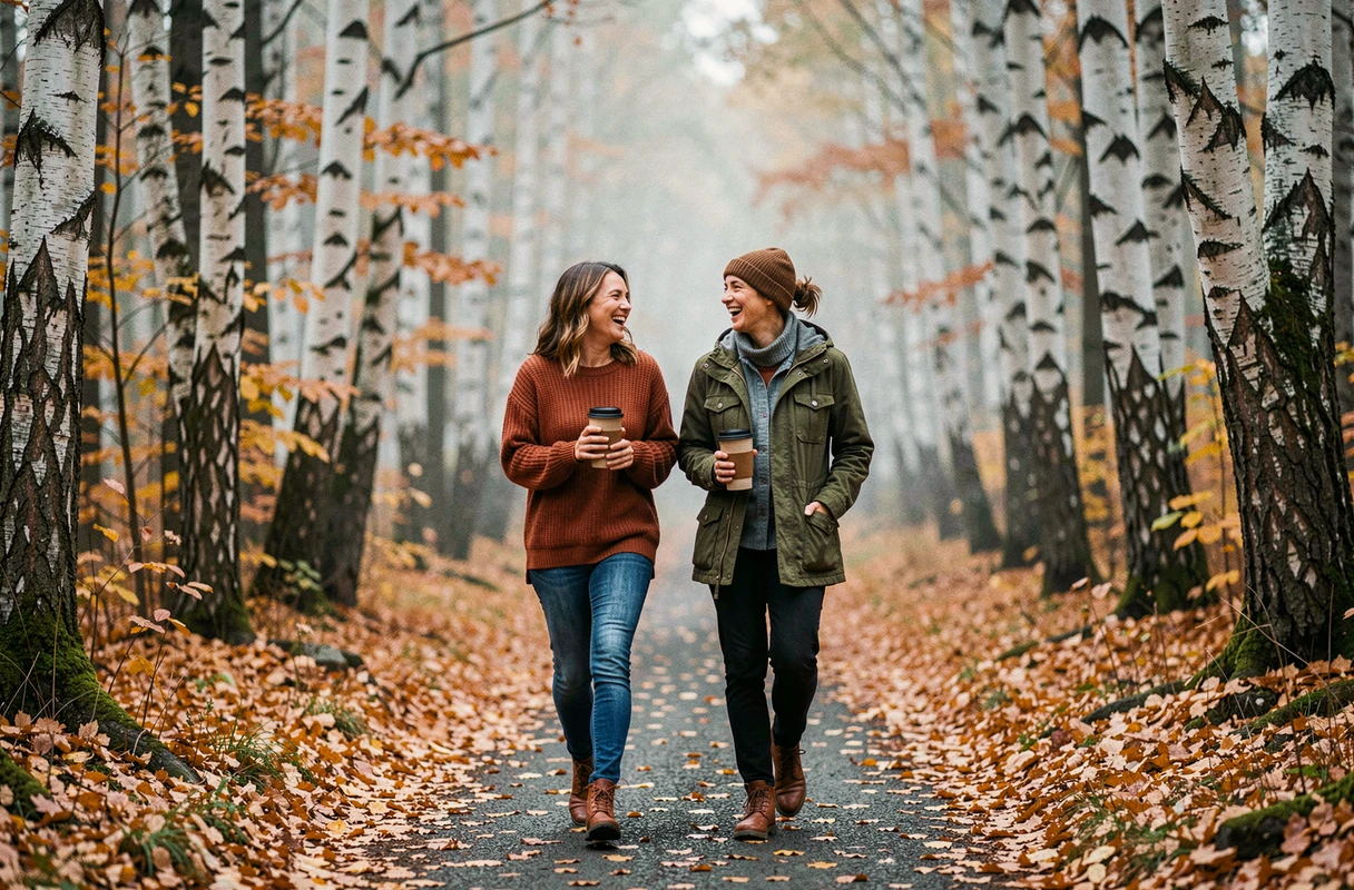Deux femmes marchant et riant ensemble sur un chemin forestier en automne, représentant le bien-être social et la reconnexion à la nature en 2024