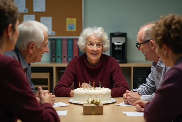 Fête de départ à la retraite d'une maîtresse dans la salle des professeurs avec gâteau et cartes