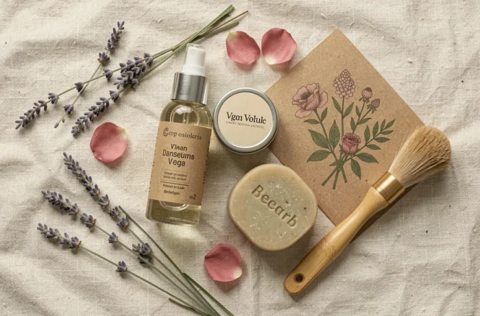 Plat posé de cosmétiques vegan Veganie sur tissu lin avec lavande séchée et emballage kraft