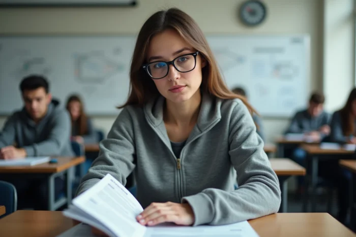 Étudiante en formation chauffeur taxi VSL révisant ses cours dans une salle de formation professionnelle