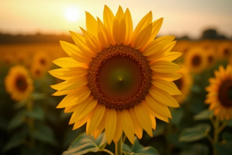 Gros plan d'un tournesol en pleine floraison dans un champ, symbole de joie et d'optimisme dans le langage des fleurs