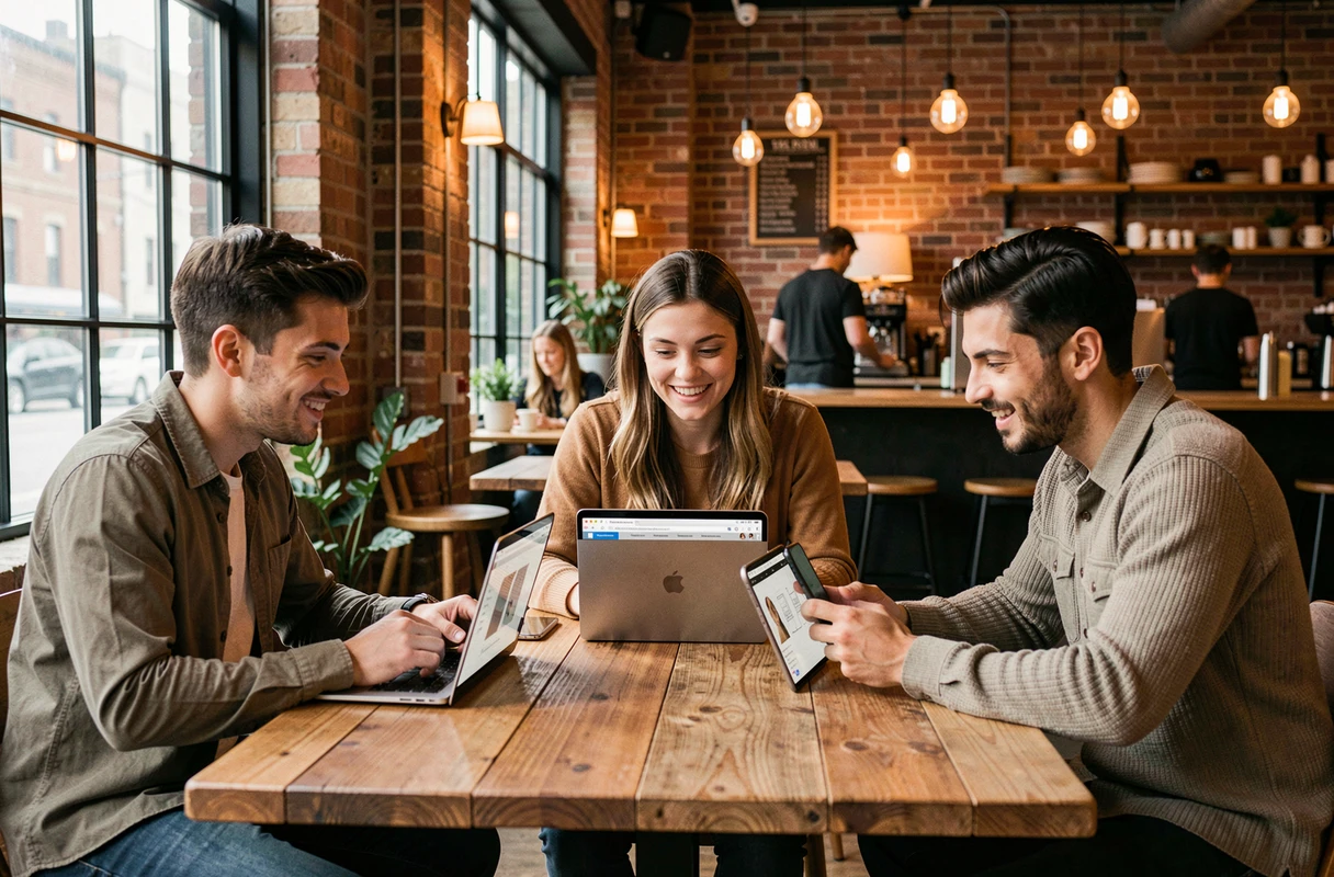 Groupe de jeunes professionnels discutant des dernières actualités de la culture web dans un café urbain