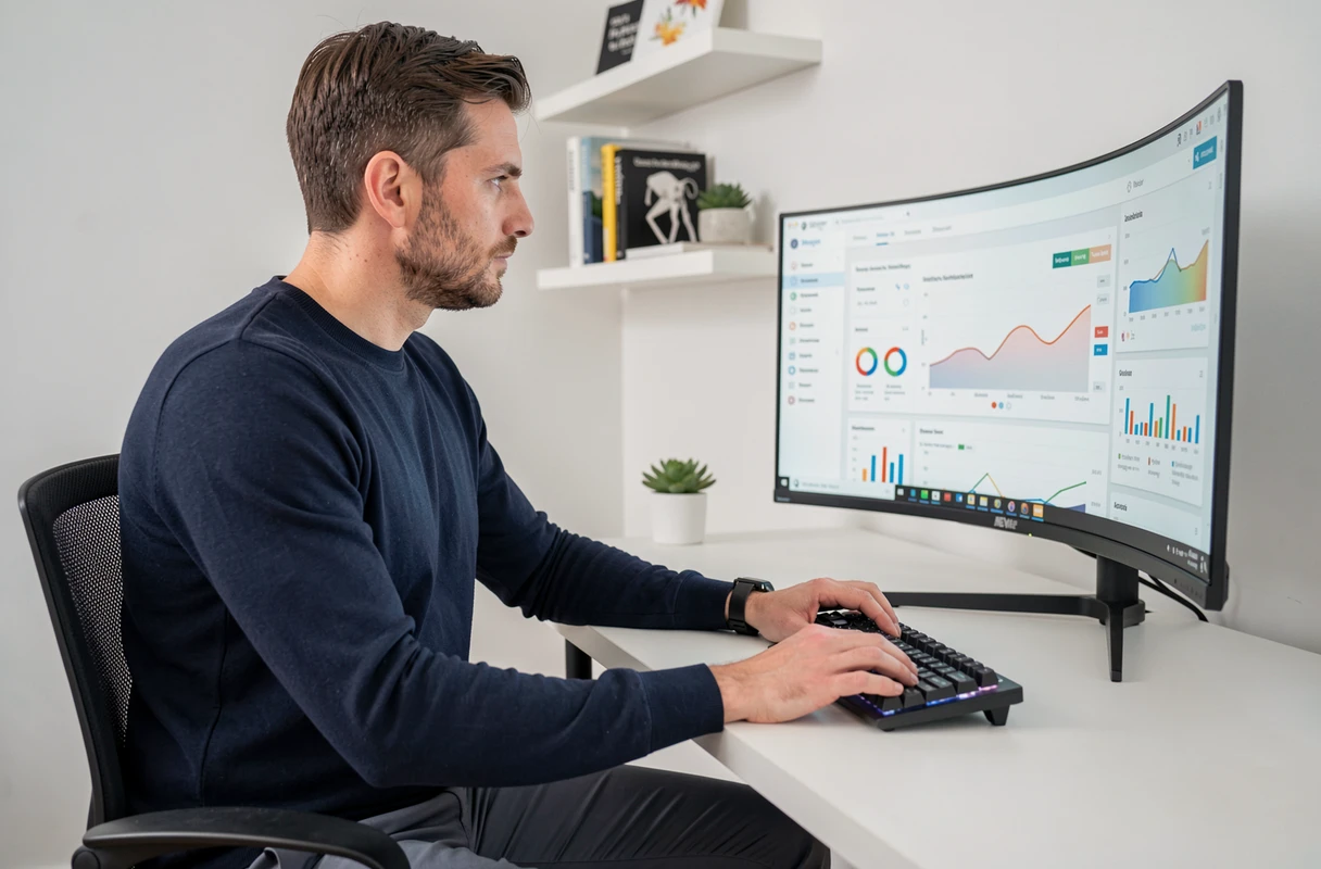 Homme analysant des données web sur un tableau de bord numérique dans un bureau minimaliste à domicile