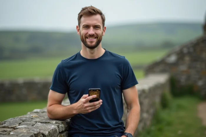 Homme vérifiant un billet électronique de festival sur smartphone devant un mur en pierre breton