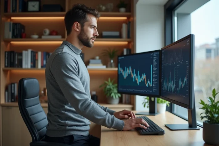 Homme professionnel travaillant avec des outils de productivité innovants dans un bureau à domicile moderne