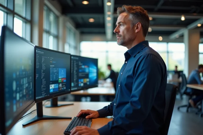 Homme consultant plusieurs écrans dans un bureau open-space technologique moderne