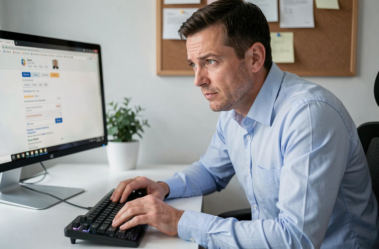 Homme concentré effectuant une recherche sur internet à son bureau pour comprendre l'origine et la signification du mot kayakobeme