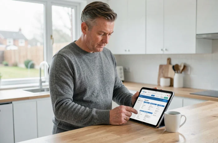 Hombre consultando el mapa del sitio Kiwik en una tableta en una cocina moderna