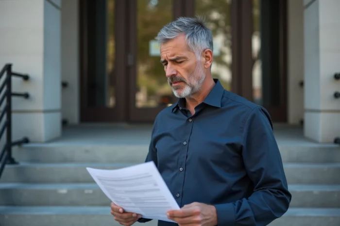 Homme tenant un formulaire administratif devant un bâtiment de justice pour un rendez-vous parloir