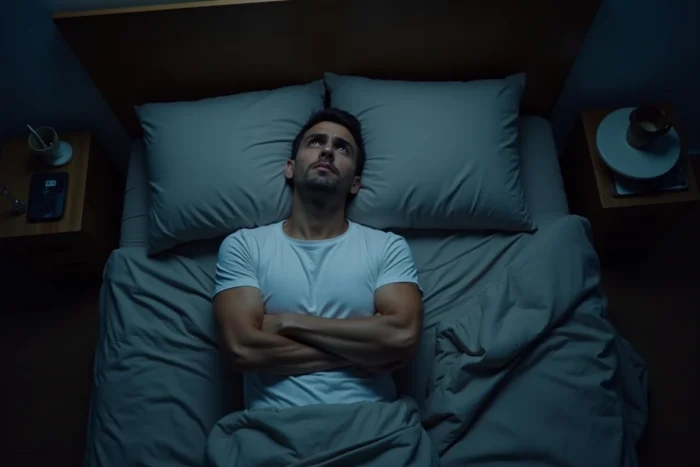 Homme allongé dans son lit les yeux ouverts la nuit, représentant les troubles du sommeil et l'hypervigilance liés au syndrome de stress post-traumatique