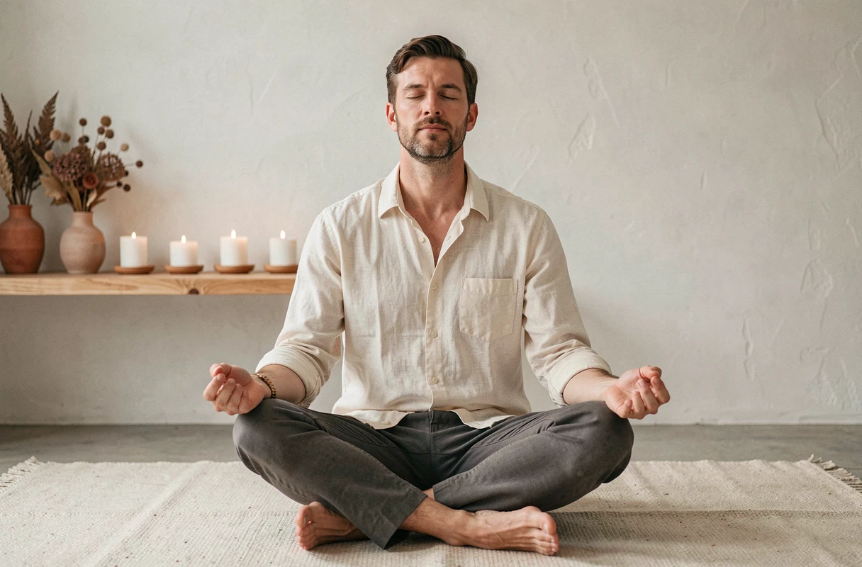Homme en méditation sur un coussin dans un studio bien-être minimaliste, illustrant les tendances de pleine conscience et de relaxation en 2024