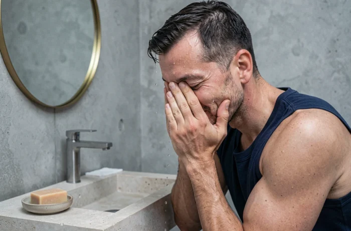 Homme se nettoyant le visage au-dessus d'un lavabo moderne dans le cadre d'une routine de soin de la peau masculine