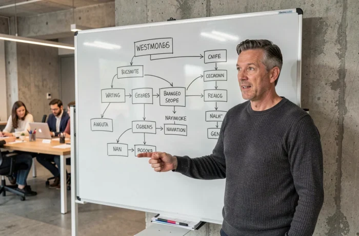 Hombre presentando un mapa de sitio dibujado en una pizarra blanca en una oficina de agencia digital
