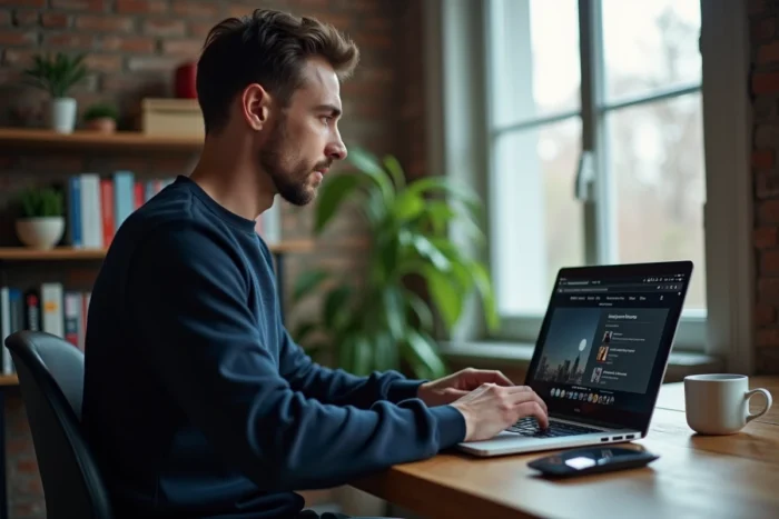 Homme parcourant des plateformes de streaming vidéo sur un ordinateur portable dans un bureau à domicile