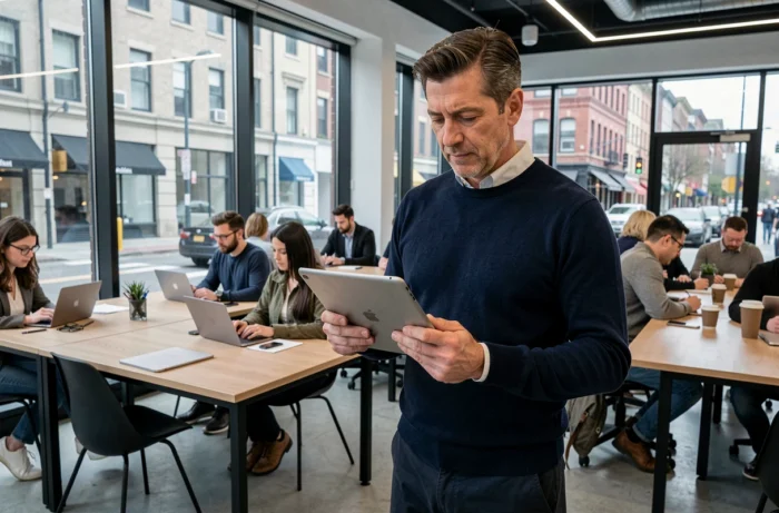Homme consultant des articles d'actualité sur une tablette dans un espace de coworking contemporain