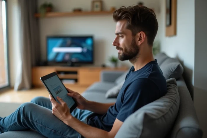 Homme consultant une tablette pour trouver l'URL d'un site de film en streaming dans son salon moderne