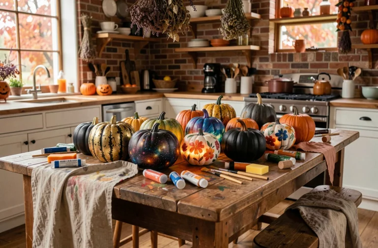 Table de travail rustique couverte de citrouilles peintes dans différents styles pour Halloween avec pinceaux et peintures acryliques