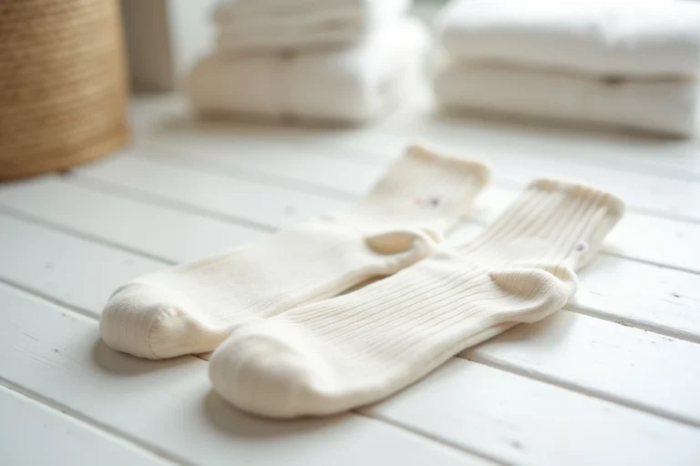 Deux chaussettes posées à plat avec marquage discret pour identifier le pied gauche et le pied droit facilement