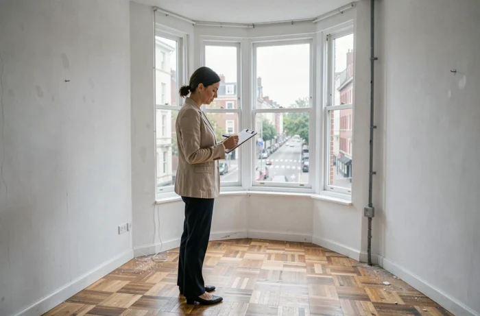 Femme inspectant un appartement vide avant un investissement locatif meublé LMNP