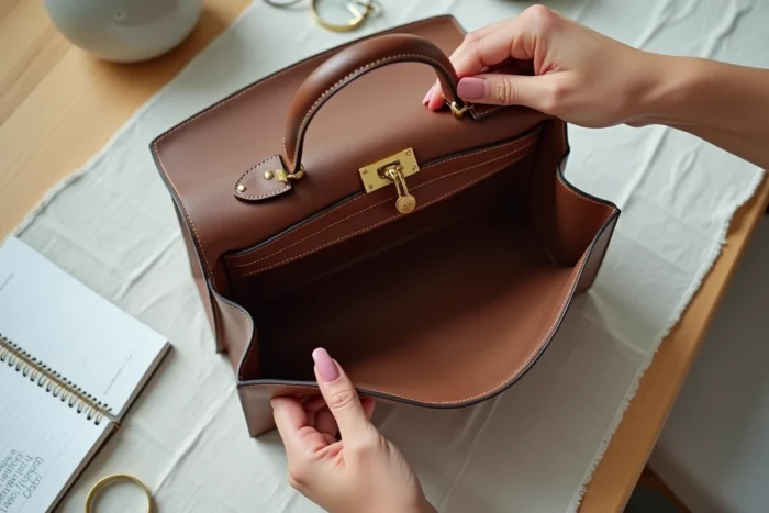 Inspection détaillée d'un sac Hermès Kelly d'occasion avec loupe pour vérifier l'authenticité du cuir et des marquages