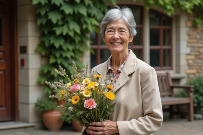 Institutrice souriante recevant des fleurs dans la cour de l'école pour son départ en retraite