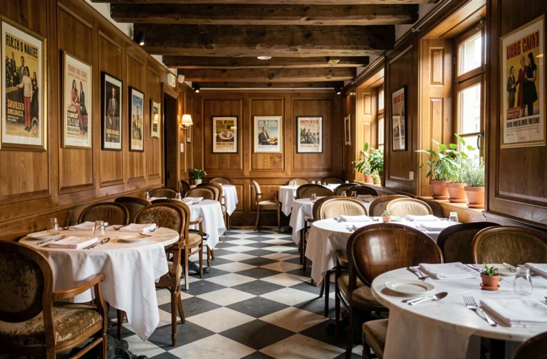 Intérieur chaleureux du restaurant La Cigale et la Fourchette avec tables en marbre, boiseries vintage et décor bistrot traditionnel français
