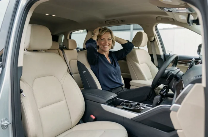 Intérieur spacieux d'un SUV hybride 7 places avec trois rangées de sièges et une femme assise en deuxième rangée