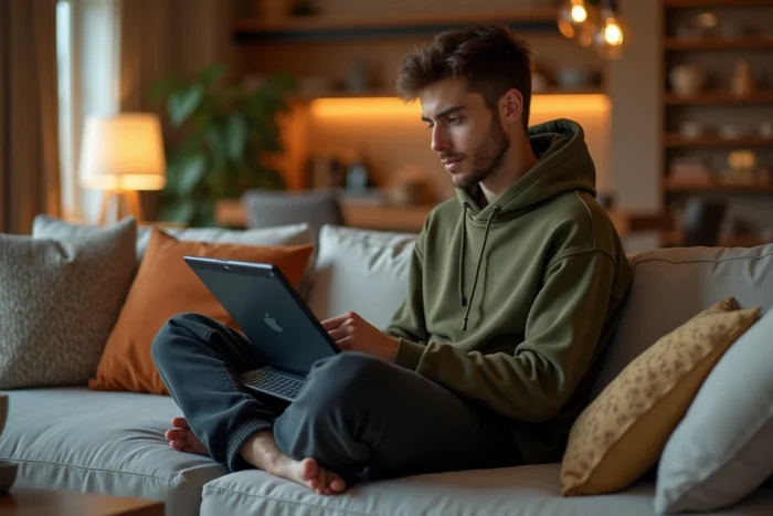 Jeune adulte utilisant une tablette avec clavier dans un salon confortable et décontracté