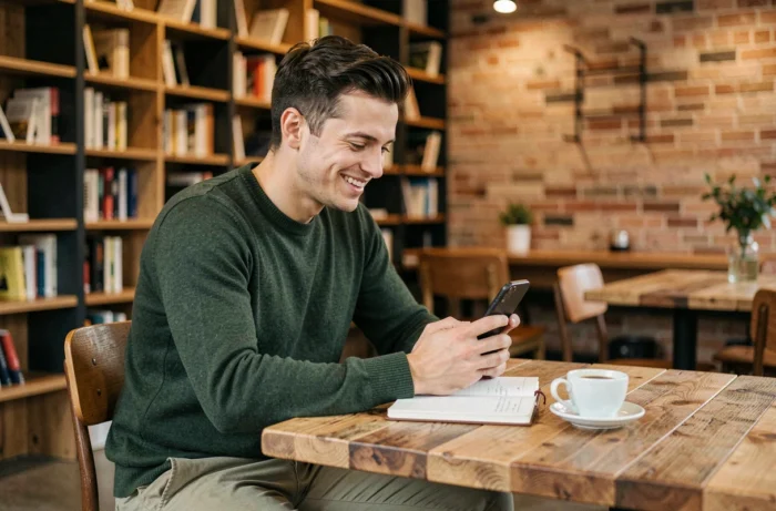 Jeune entrepreneur souriant dans un incubateur de startups utilisant son téléphone pour booster son activité