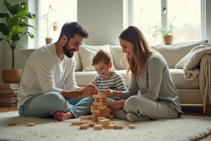 Jeune famille jouant ensemble dans un salon confortable un matin de week-end