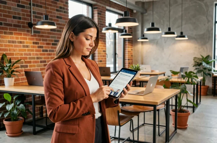 Jeune femme consultant un site gouvernemental sur les aides financières à la formation dans un espace de coworking