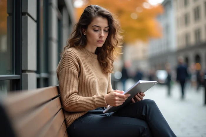Jeune femme professionnelle étudiant à l'extérieur dans un quartier d'affaires urbain pour accélérer son développement de carrière