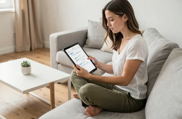 Joven mujer consultando un mapa de sitio digital en una tablet en un salón minimalista