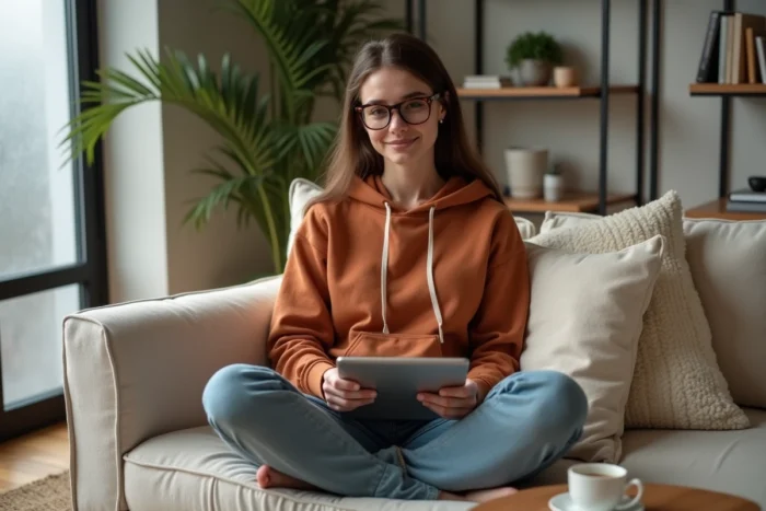 Jeune femme consultant un outil de recherche de mots-clés SEO sur tablette dans un salon cosy