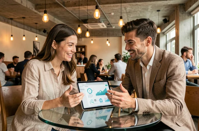 Dos jóvenes emprendedores discutiendo una estrategia de negocio en línea alrededor de una tableta en un café moderno